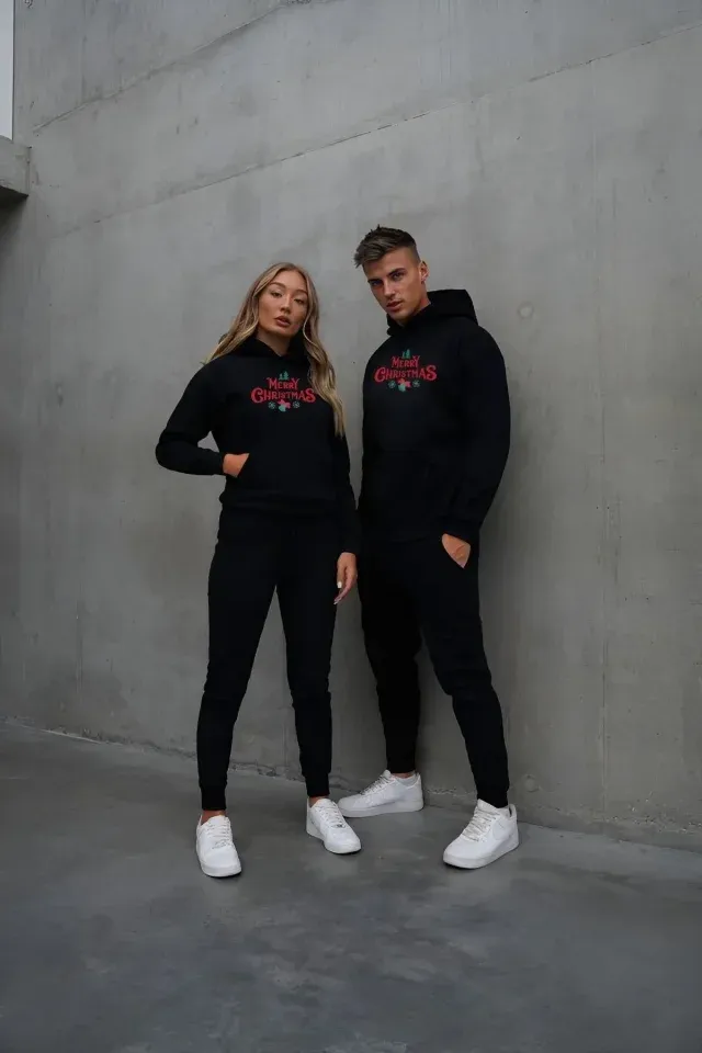 Yılbaşı Merry Christmas Baskılı Oversize Kapüşonlu Sweatshirt Hoodie - Siyah