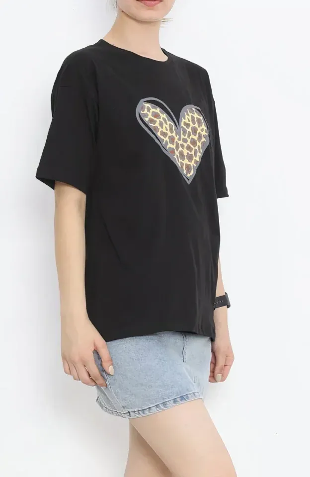 14 Şubat Sevgililer Günü Leopar Kalp Baskılı Oversize Bisiklet Yaka T-shirt - Siyah