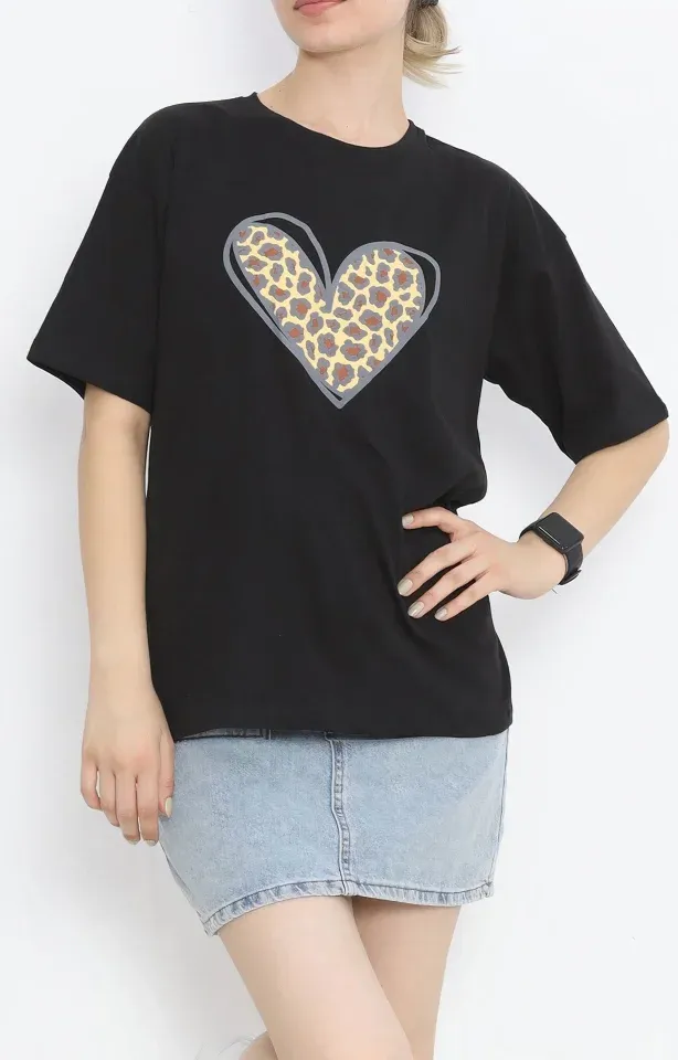 14 Şubat Sevgililer Günü Leopar Kalp Baskılı Oversize Bisiklet Yaka T-shirt - Siyah