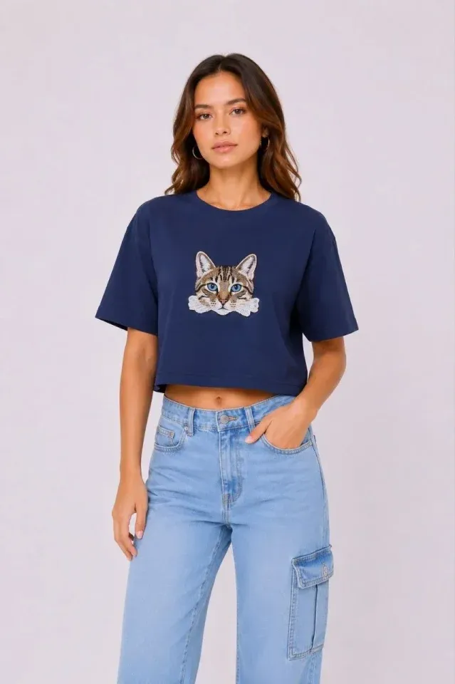 Kedi Baskılı Oversize Crop Tişört Salaş Basic Yarım Kol T-shirt - Lacivert