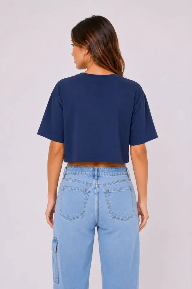Kedi Baskılı Oversize Crop Tişört Salaş Basic Yarım Kol T-shirt - Lacivert