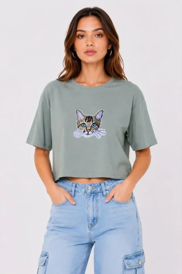 Kedi Baskılı Oversize Crop Tişört Salaş Basic Yarım Kol T-shirt - Mint Yeşili