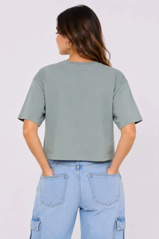 Kedi Baskılı Oversize Crop Tişört Salaş Basic Yarım Kol T-shirt - Mint Yeşili