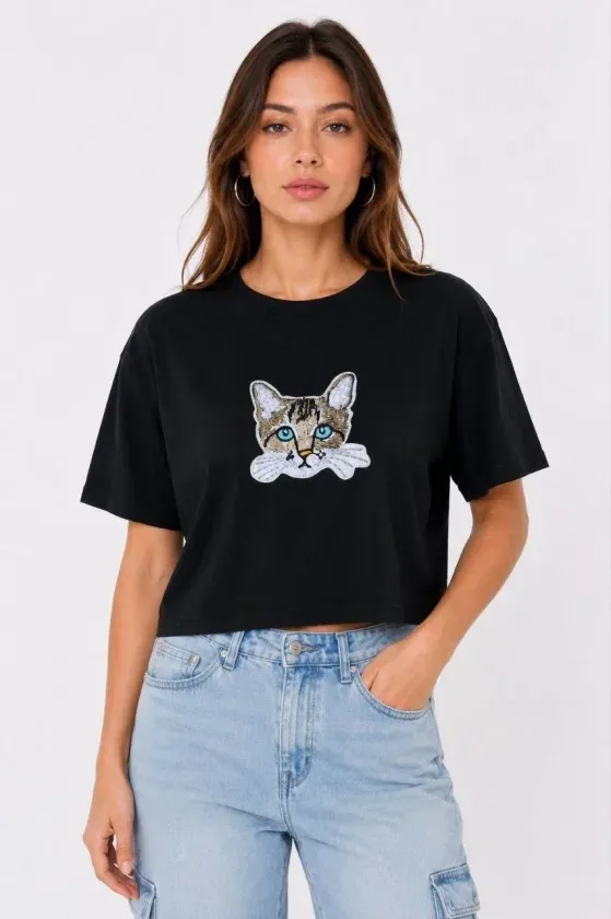 Kedi Baskılı Oversize Crop Tişört Salaş Basic Yarım Kol T-shirt - Siyah