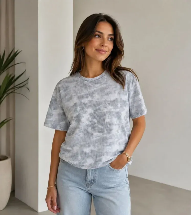 Batik Desenli Tişört Bisiklet Yaka Kısa Kol Regular Fit T-shirt - Gri