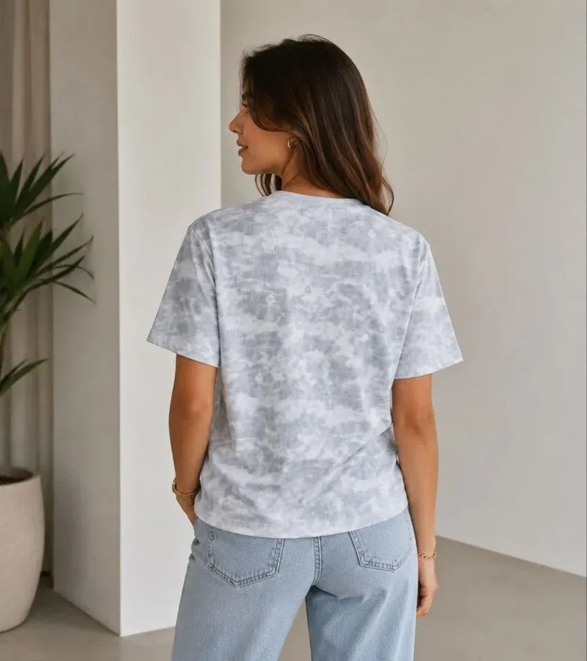 Batik Desenli Tişört Bisiklet Yaka Kısa Kol Regular Fit T-shirt - Gri