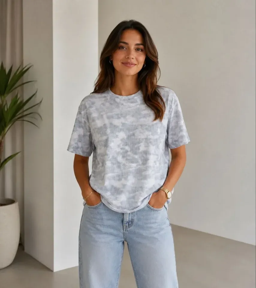 Batik Desenli Tişört Bisiklet Yaka Kısa Kol Regular Fit T-shirt - Gri