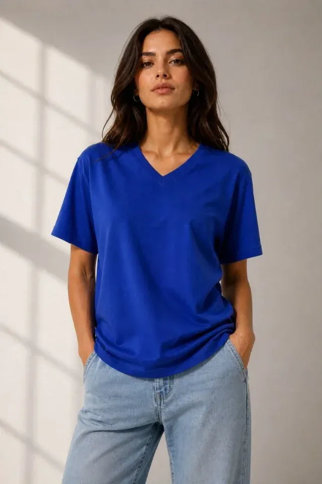 V Yaka Basic Tişört Kısa Kol Yazlık Regular Fit T-Shirt - Saks Mavisi