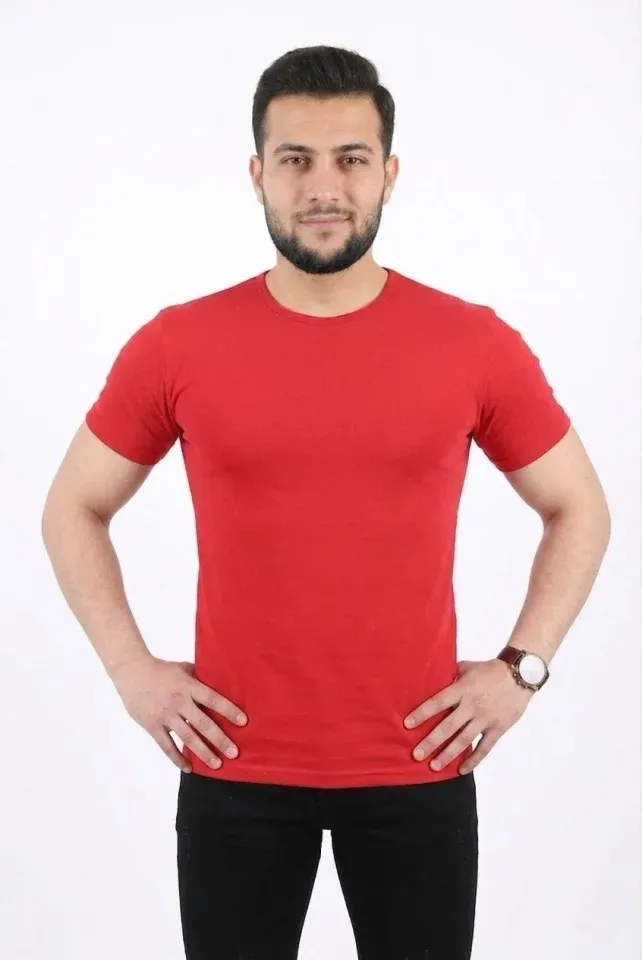 Erkek Basic Tişört Bisiklet Yaka Kısa Kol Günlük Yazlık Slim Fit T-Shirt - Kırmızı