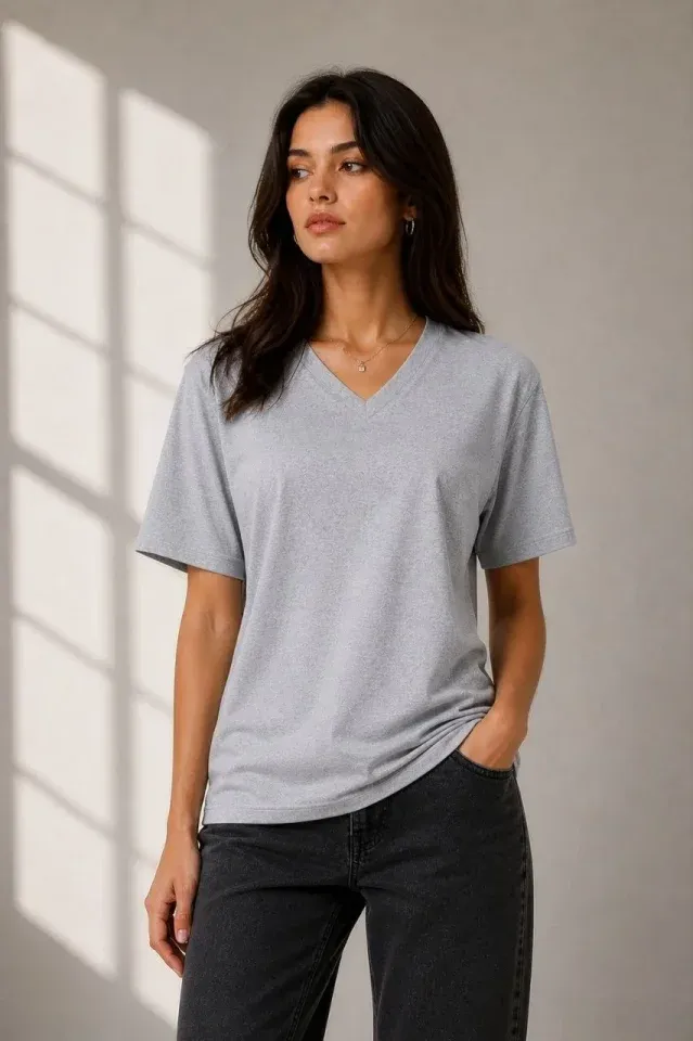 V Yaka Basic Tişört Kısa Kol Yazlık Regular Fit T-Shirt - Gri