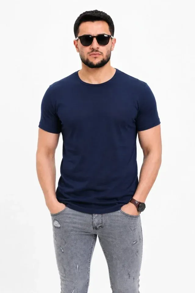 Erkek Basic Tişört Bisiklet Yaka Kısa Kol Günlük Yazlık Slim Fit T-Shirt - Lacivert
