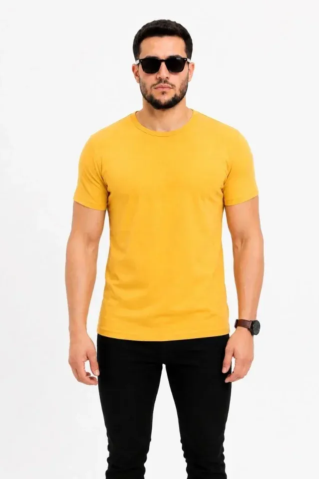 Erkek Basic Tişört Bisiklet Yaka Kısa Kol Günlük Yazlık Slim Fit T-Shirt - Sarı