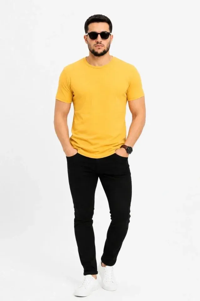 Erkek Basic Tişört Bisiklet Yaka Kısa Kol Günlük Yazlık Slim Fit T-Shirt - Sarı