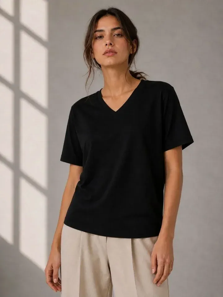 V Yaka Basic Tişört Kısa Kol Yazlık Regular Fit T-Shirt - Siyah