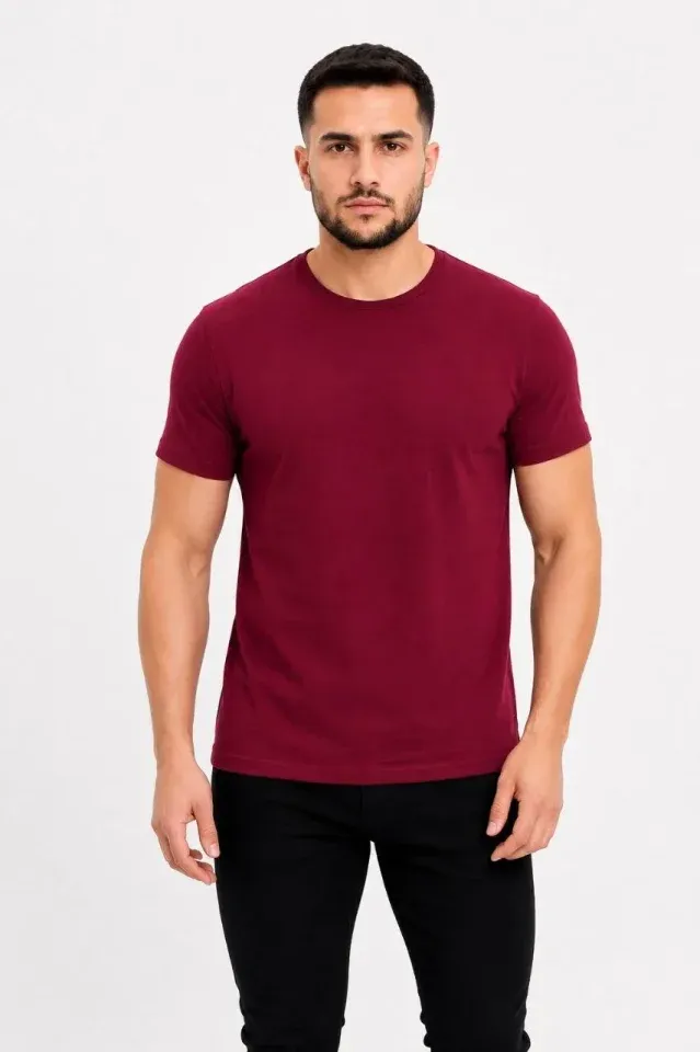 Erkek Basic Tişört Bisiklet Yaka Kısa Kol Günlük Yazlık Slim Fit T-Shirt - Bordo