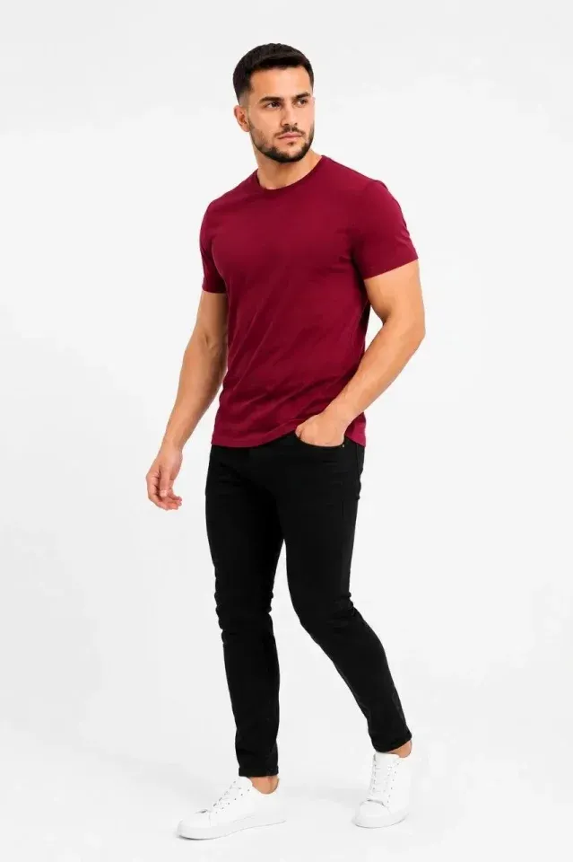 Erkek Basic Tişört Bisiklet Yaka Kısa Kol Günlük Yazlık Slim Fit T-Shirt - Bordo