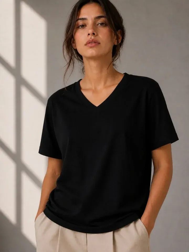 V Yaka Basic Tişört Kısa Kol Yazlık Regular Fit T-Shirt - Siyah