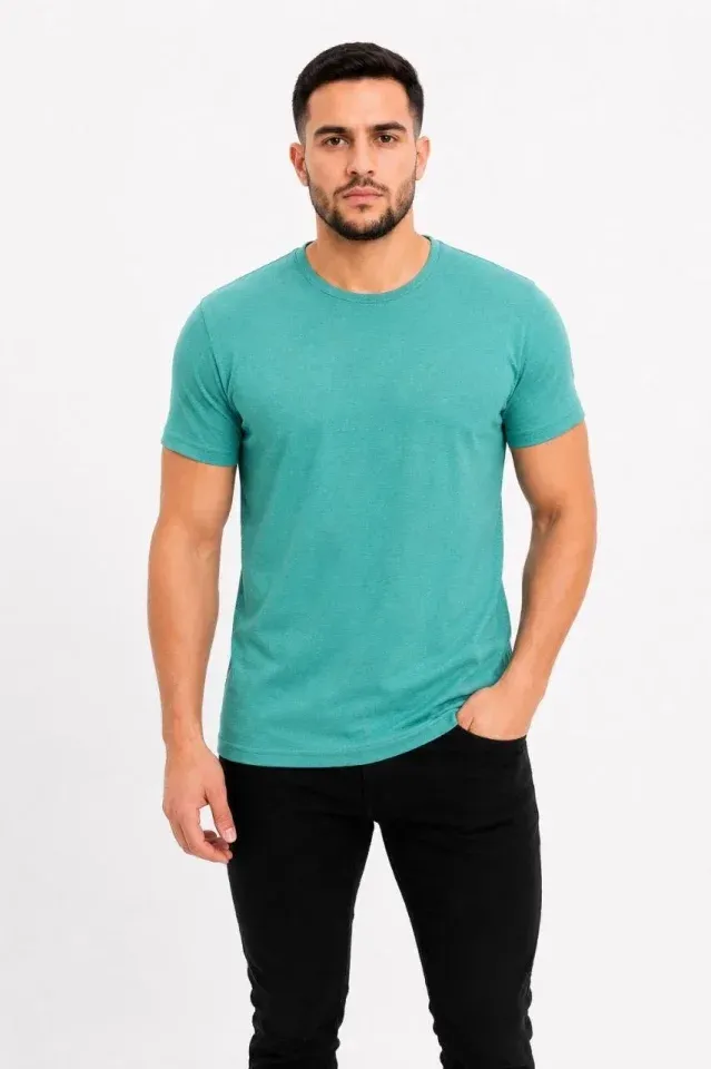Erkek Basic Tişört Bisiklet Yaka Kısa Kol Günlük Yazlık Slim Fit T-Shirt - Su Yeşili
