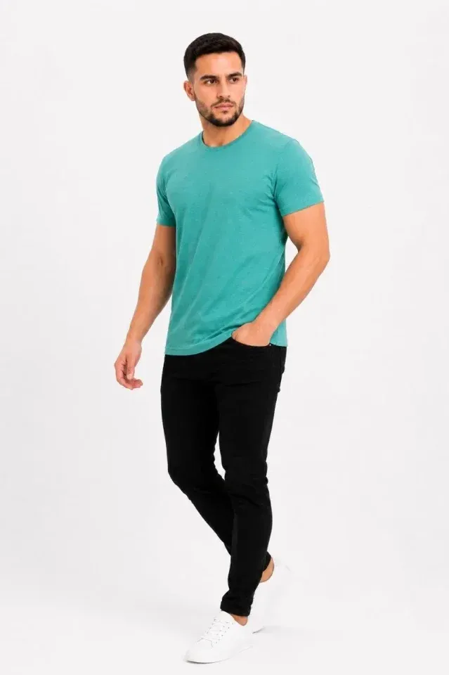 Erkek Basic Tişört Bisiklet Yaka Kısa Kol Günlük Yazlık Slim Fit T-Shirt - Su Yeşili