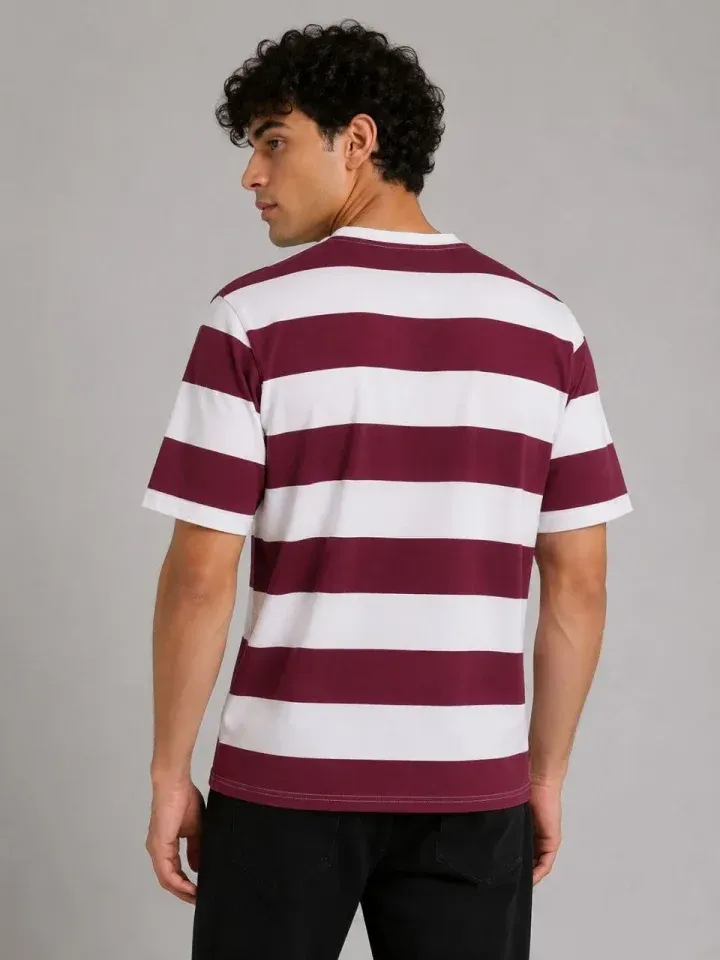 Erkek Çizgili Oversize Tişört Bisiklet Yaka Kısa Kol Yazlık T-Shirt - Bordo