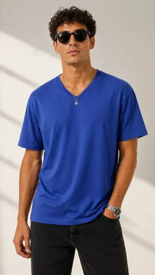 Erkek V Yaka Basic Tişört Kısa Kol Yazlık Regular Fit T-Shirt - Saks Mavisi