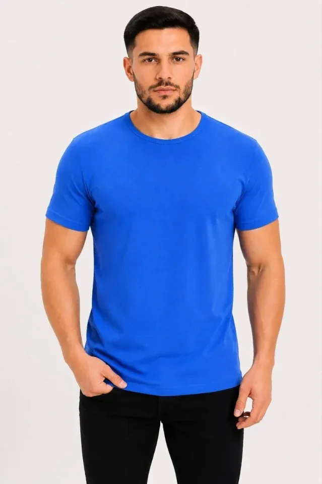 Erkek Basic Tişört Bisiklet Yaka Kısa Kol Günlük Yazlık Slim Fit T-Shirt - Saks Mavisi