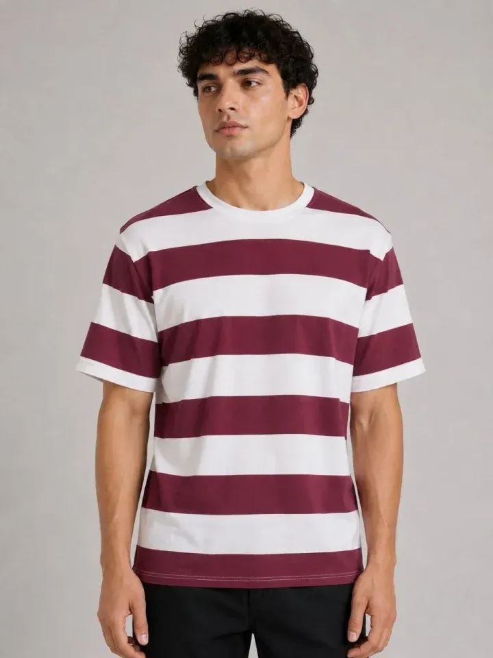 Erkek Çizgili Oversize Tişört Bisiklet Yaka Kısa Kol Yazlık T-Shirt - Bordo