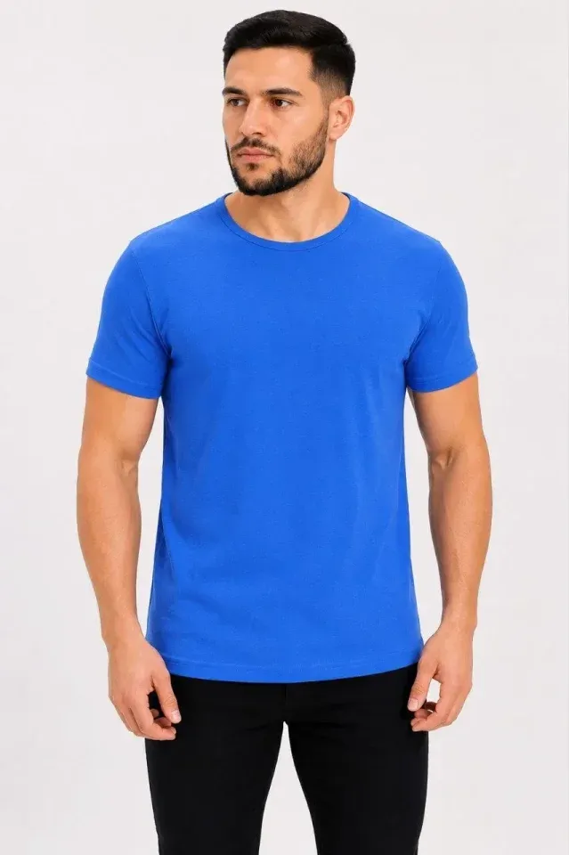 Erkek Basic Tişört Bisiklet Yaka Kısa Kol Günlük Yazlık Slim Fit T-Shirt - Saks Mavisi