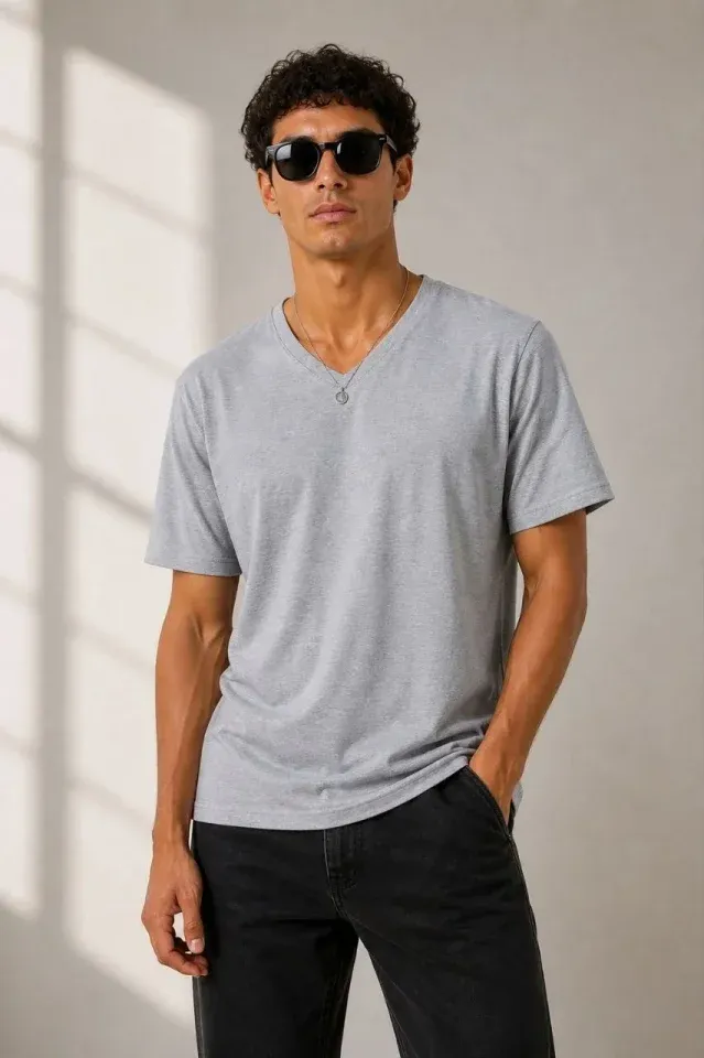 Erkek V Yaka Basic Tişört Kısa Kol Yazlık Regular Fit T-Shirt - Gri