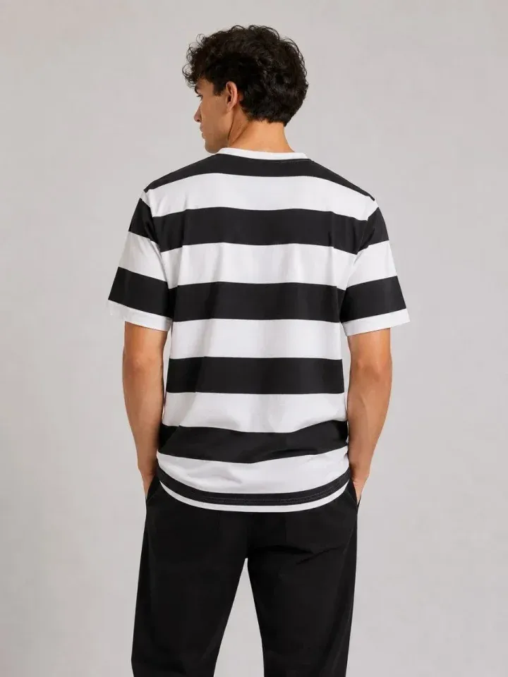 Erkek Çizgili Oversize Tişört Bisiklet Yaka Kısa Kol Yazlık T-Shirt - Siyah