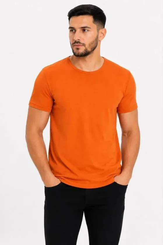 Erkek Basic Tişört Bisiklet Yaka Kısa Kol Günlük Yazlık Slim Fit T-Shirt - Turuncu