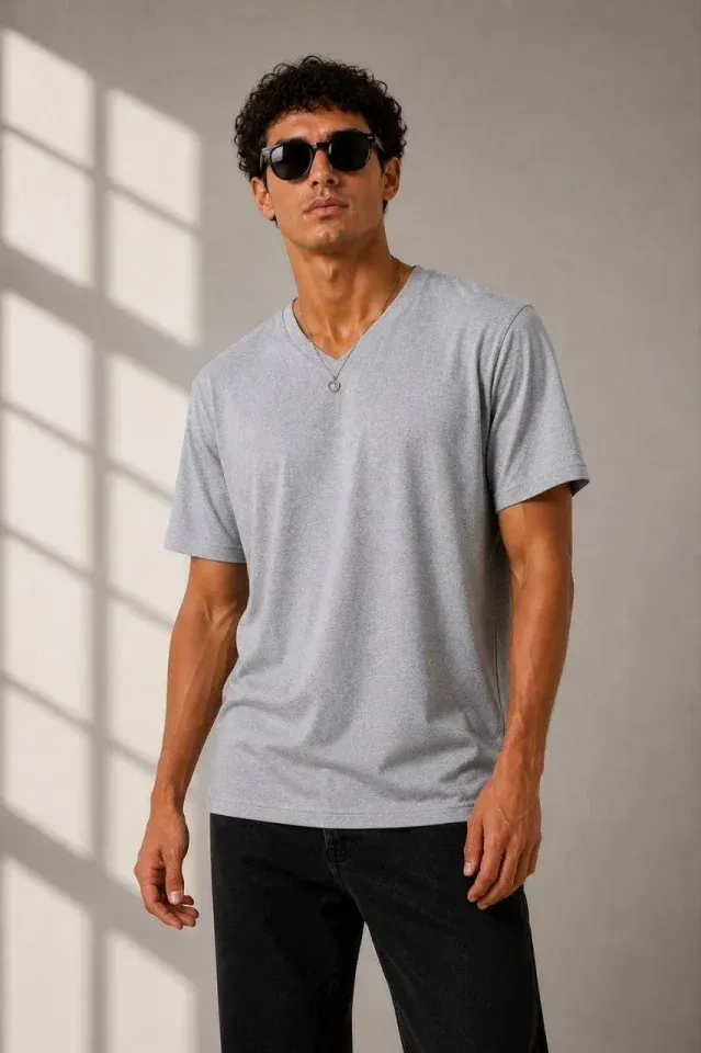 Erkek V Yaka Basic Tişört Kısa Kol Yazlık Regular Fit T-Shirt - Gri