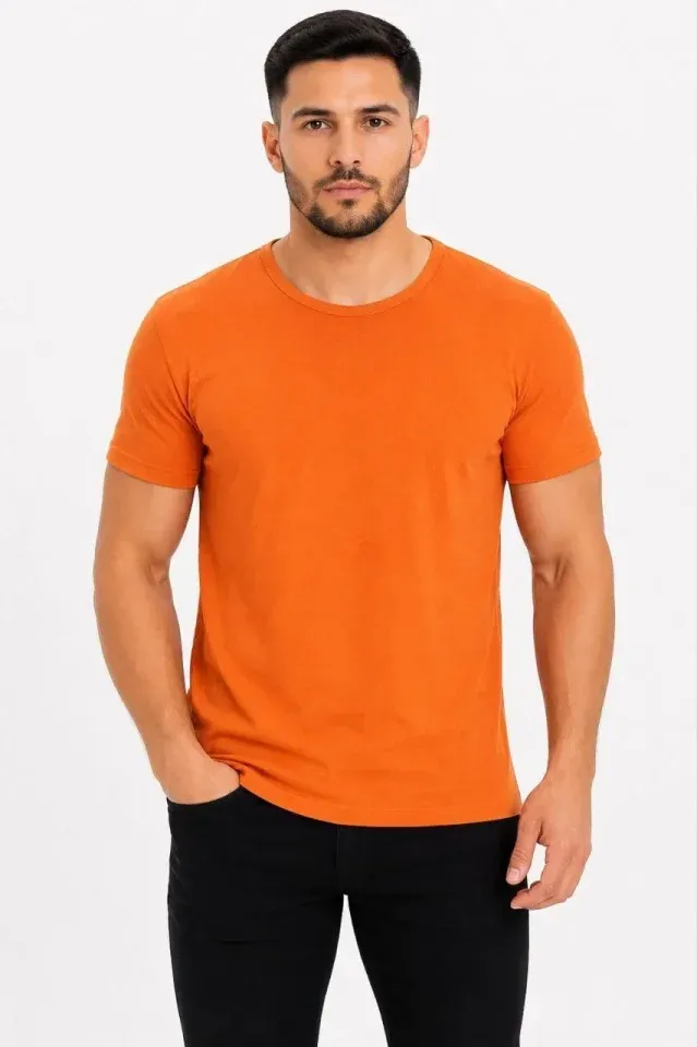Erkek Basic Tişört Bisiklet Yaka Kısa Kol Günlük Yazlık Slim Fit T-Shirt - Turuncu