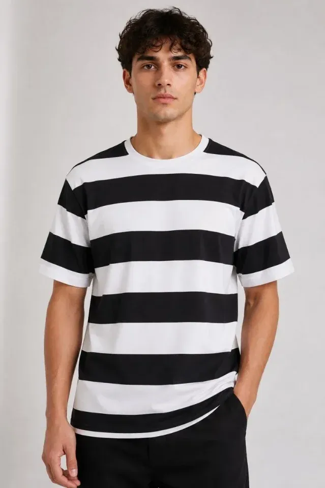 Erkek Çizgili Oversize Tişört Bisiklet Yaka Kısa Kol Yazlık T-Shirt - Siyah