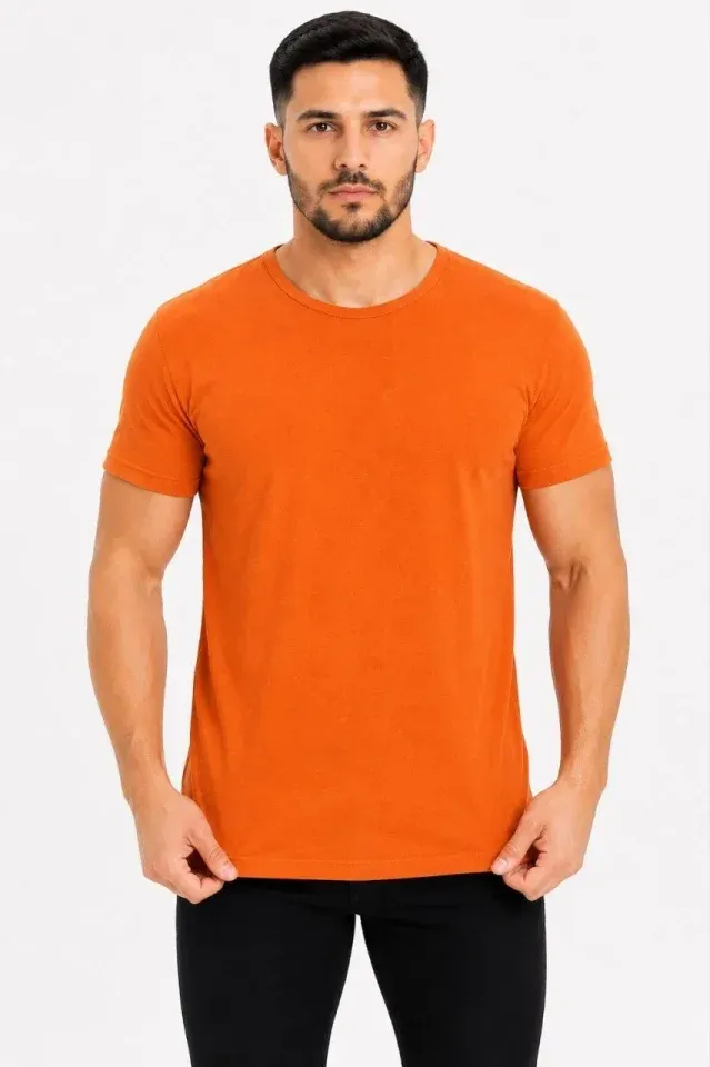 Erkek Basic Tişört Bisiklet Yaka Kısa Kol Günlük Yazlık Slim Fit T-Shirt - Turuncu