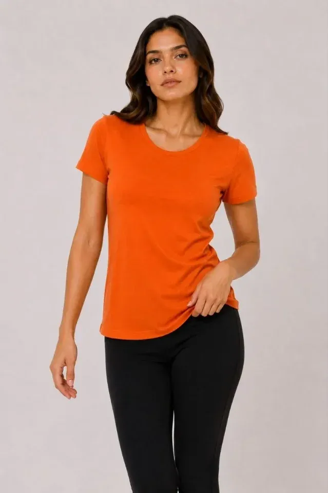Basic Tişört Bisiklet Yaka Kısa Kol Günlük Yazlık Slim Fit T-Shirt - Turuncu