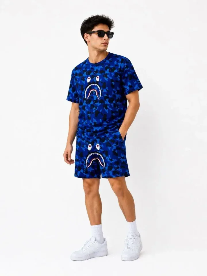 Erkek Oversize Kalıp Pubg Bape X Shark Nakışlı Cepli Şort Takım - Mavi