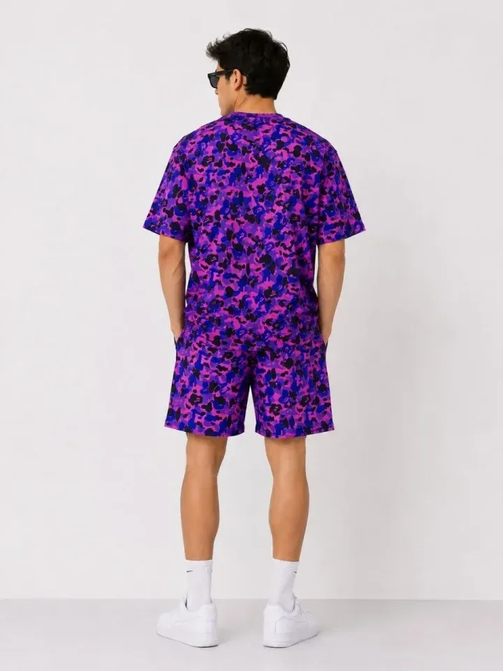 Erkek Oversize Kalıp Pubg Bape X Shark Nakışlı Cepli Şort Takım - Mor