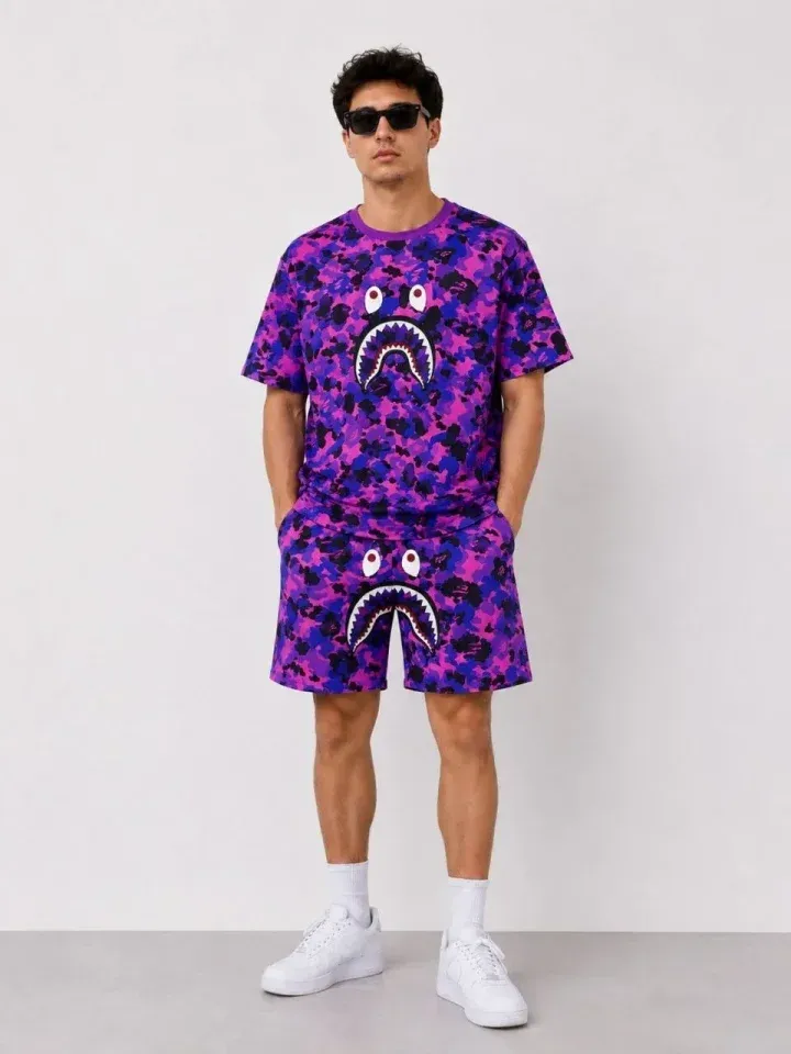 Erkek Oversize Kalıp Pubg Bape X Shark Nakışlı Cepli Şort Takım - Mor
