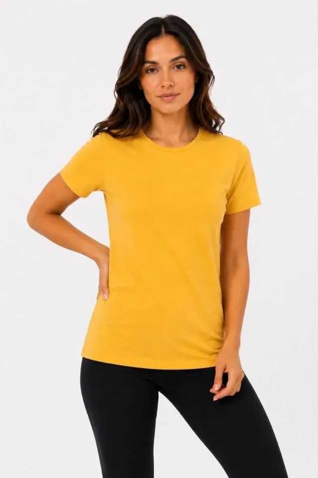 Basic Tişört Bisiklet Yaka Kısa Kol Günlük Yazlık Slim Fit T-Shirt - Sarı