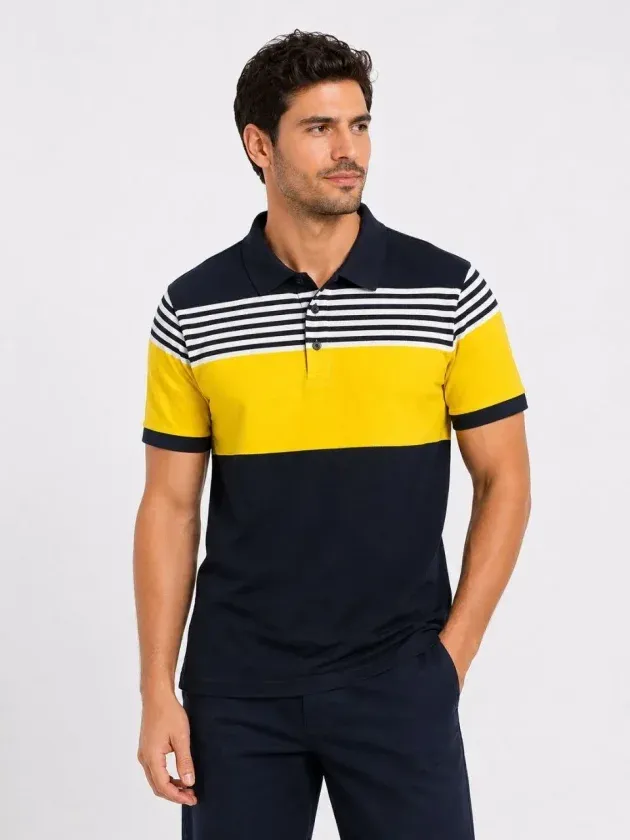 Erkek Pike Kumaş Çizgili Polo Yaka Tişört Kısa Kol Yazlık T-Shirt - Lacivert
