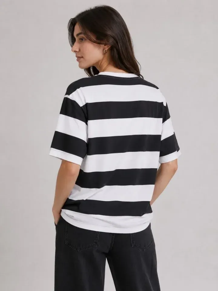 Çizgili Oversize Tişört Bisiklet Yaka Kısa Kol Yazlık T-Shirt - Siyah