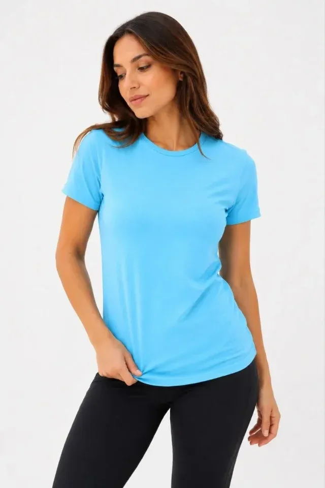 Basic Tişört Bisiklet Yaka Kısa Kol Günlük Yazlık Slim Fit T-Shirt - Turkuaz