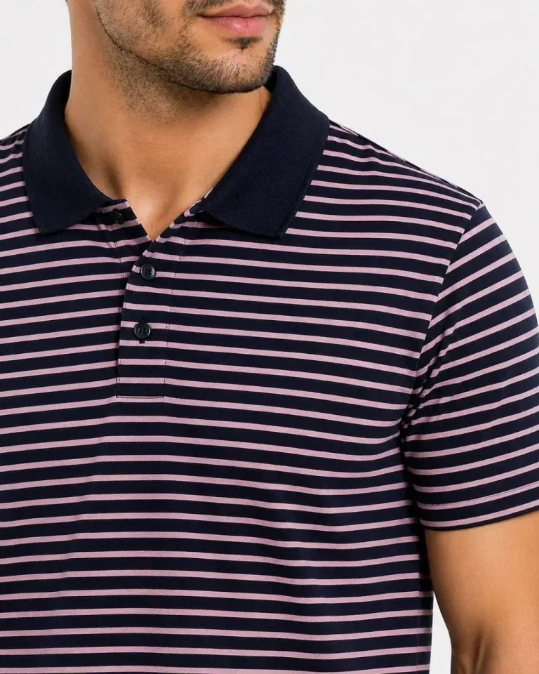 Erkek Pike Kumaş Gül Kurusu Çizgili Polo Yaka Tişört Kısa Kol T-Shirt - Siyah