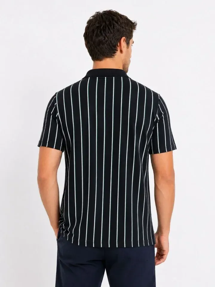 Erkek Pike Kumaş Çizgili Polo Yaka Tişört Kısa Kol Yazlık T-Shirt - Siyah