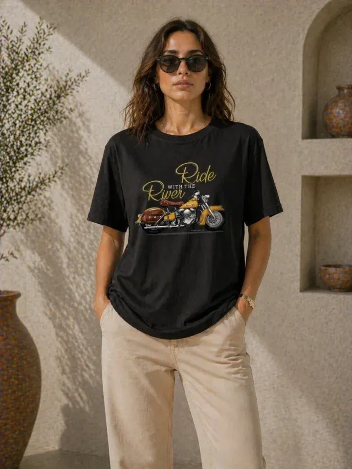 Motosiklet Baskılı Tişört Bisiklet Yaka Kısa Kol Yazlık T-Shirt - Siyah