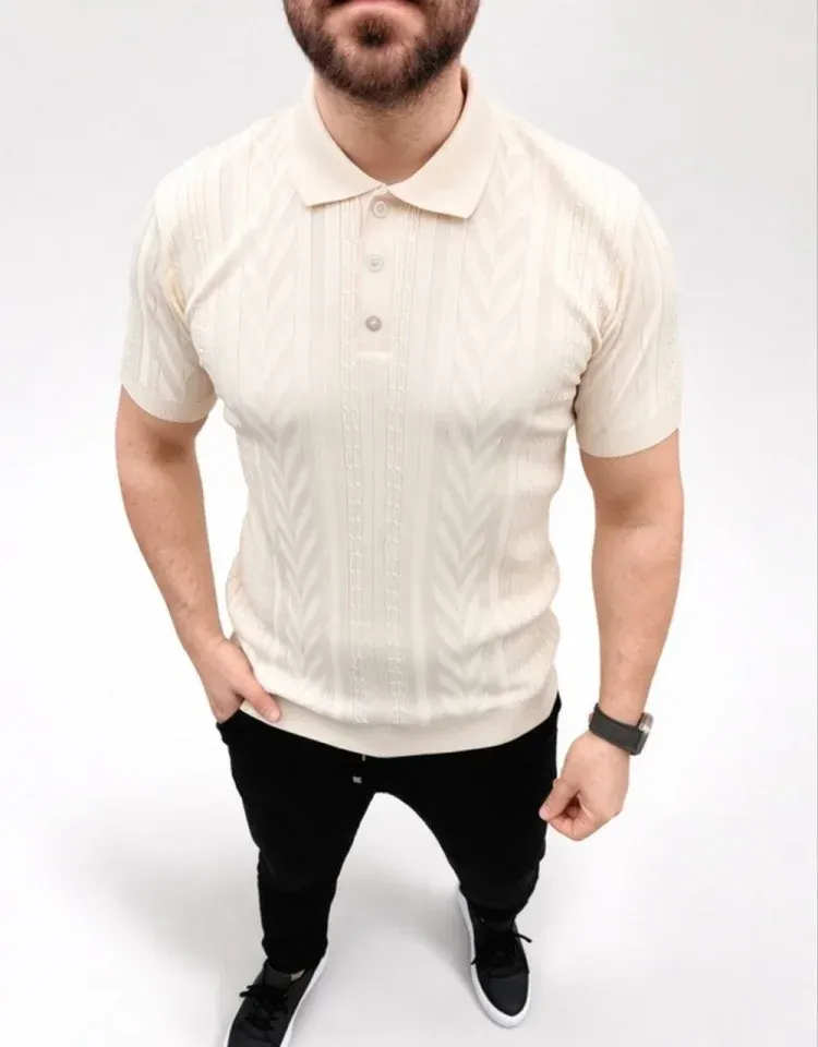Erkek Yazlık Triko Tişört Kısa Kol Polo Yaka Düğmeli T-Shirt - Krem