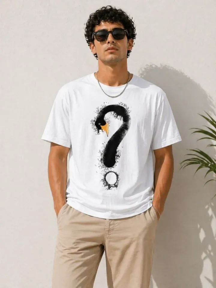 Erkek Kuğu Figürlü Soru İşareti Baskılı Tişört Kısa Kol T-Shirt - Beyaz