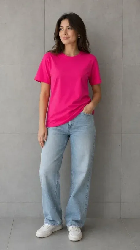 Basic Pamuklu Tişört Bisiklet Yaka Düz Renk Relaxed Fit T-Shirt - Fuşya