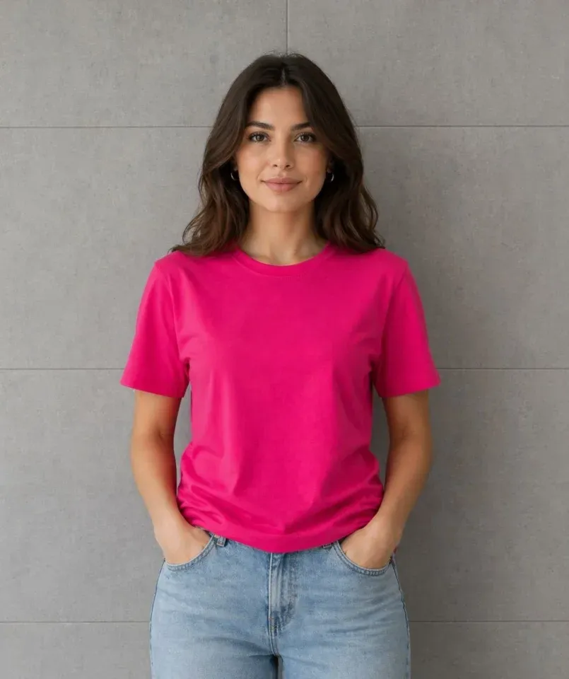 Basic Pamuklu Tişört Bisiklet Yaka Düz Renk Relaxed Fit T-Shirt - Fuşya